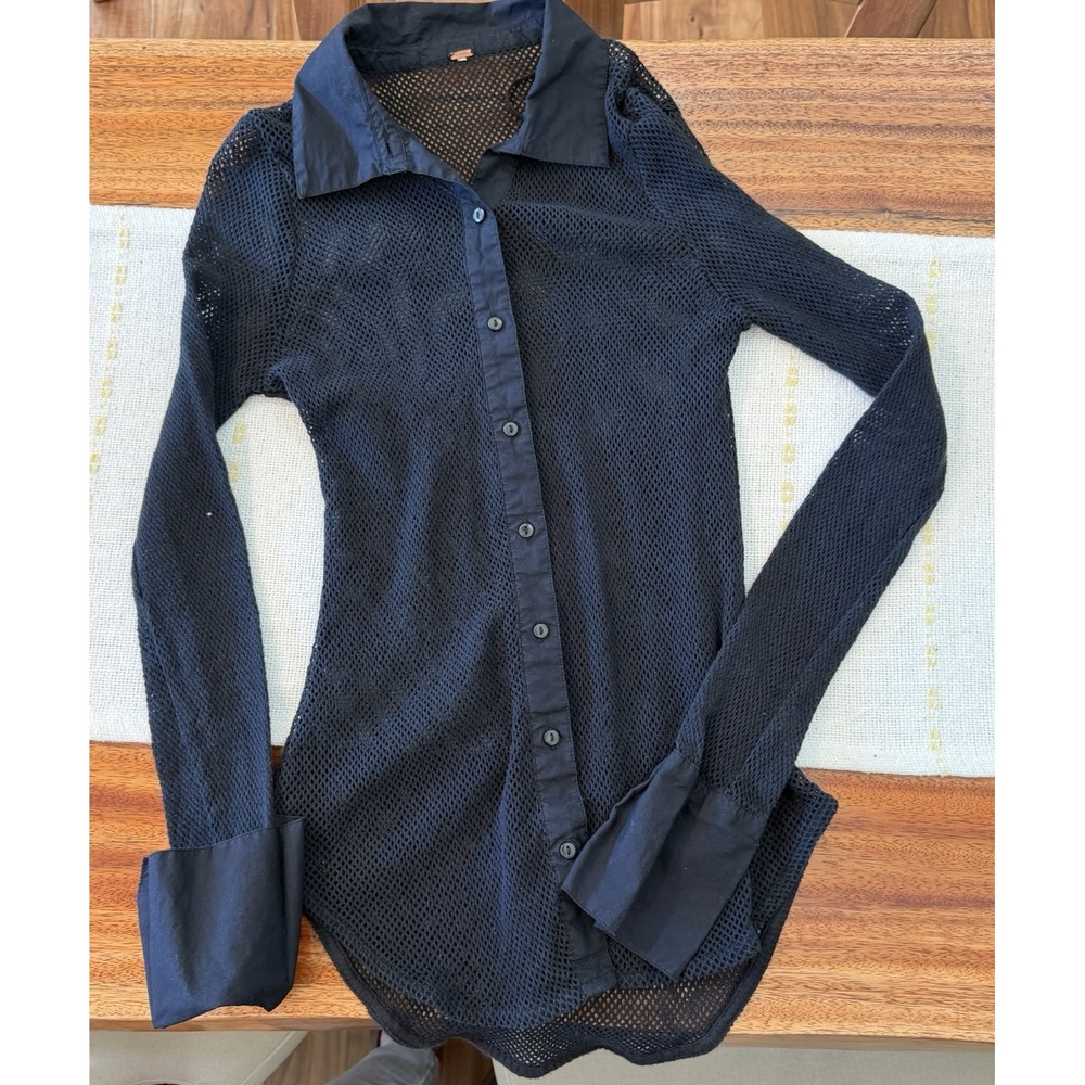 Free People Women's Black Solid Sheer Mesh Collared Long Sleeve Button-Up Sm/Med